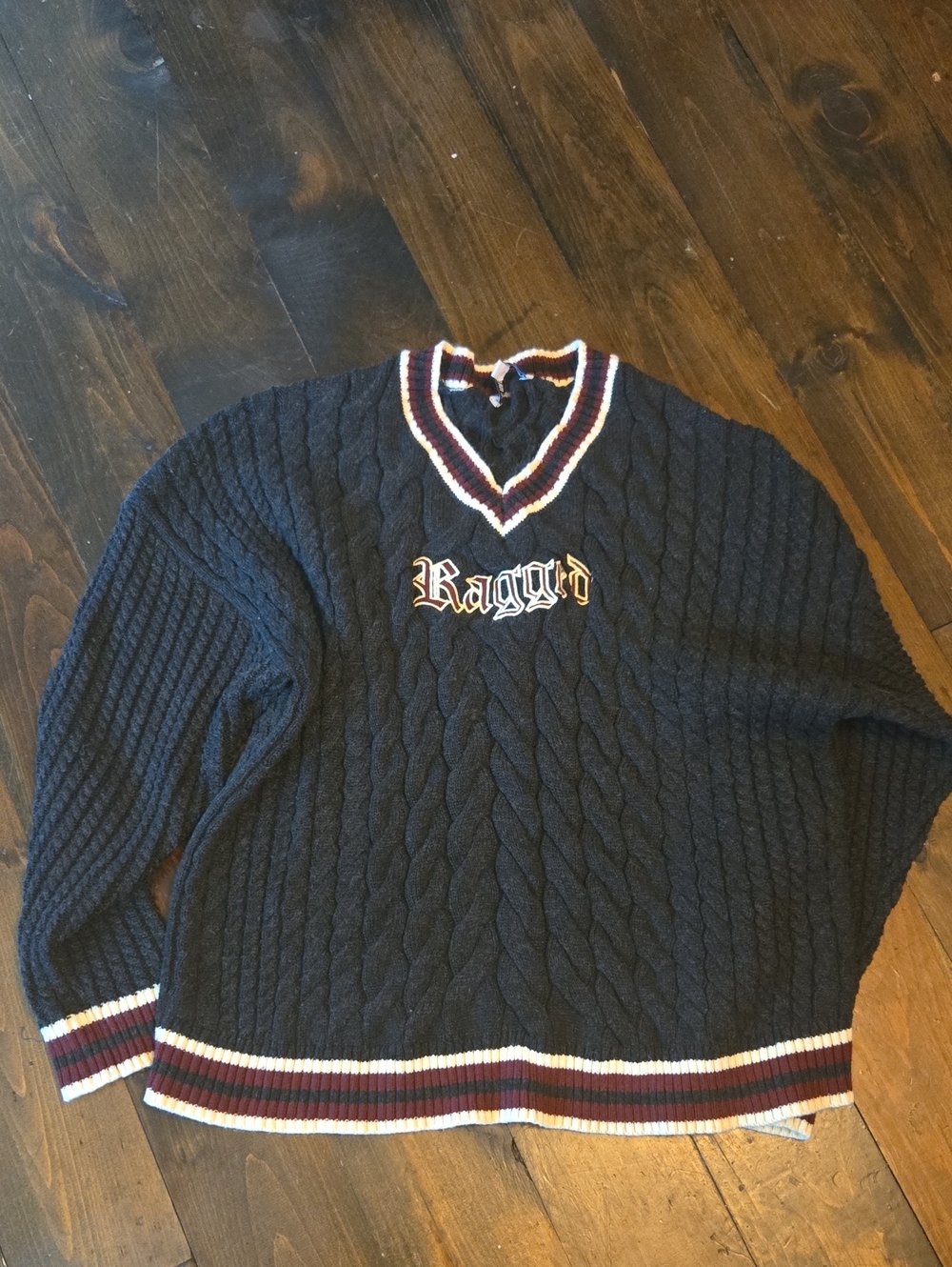 The Ragged Priest Navy V-Neck Cable Knit Sweater with Maroon & White Trim Jumper